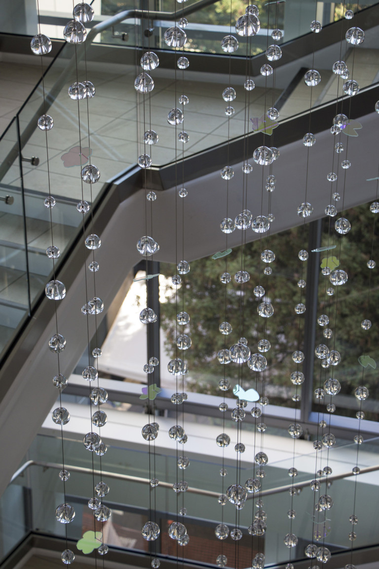 Hand-sculpted glass and dichroic glass suspended on stainless steel cables