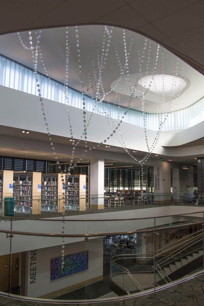 Suspended glass sculpture at Hayward Library