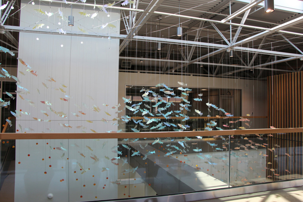 Suspended glass art installation at Boivin Hall, Oregon Institute of Technology.