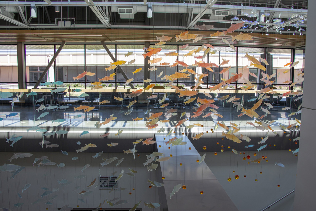 Suspended glass art installation at Boivin Hall, Oregon Institute of Technology.