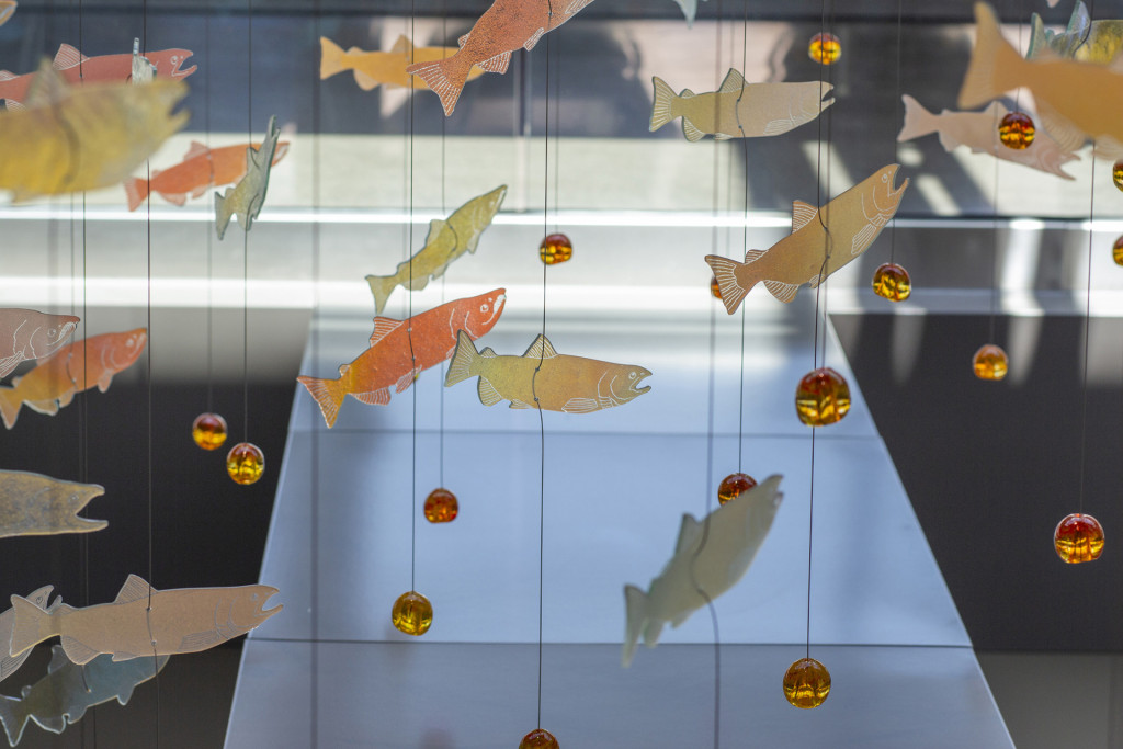 Suspended glass sculpture at Boivin Hall, Oregon Institute of Technology