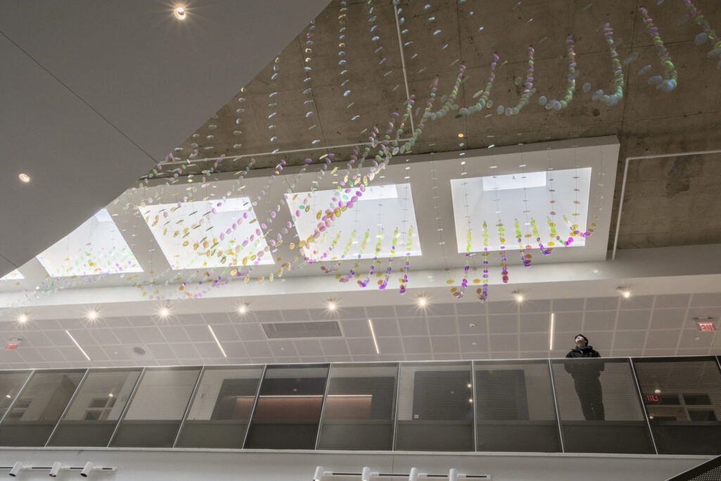 Looking up from the ground floor to the skylight. The colorful Glass suspended sculpture with 2,000 dichroic glass flower petals and leaves is visible inside Steven Wymer Hall, University of Illinois Urbana-Champaign