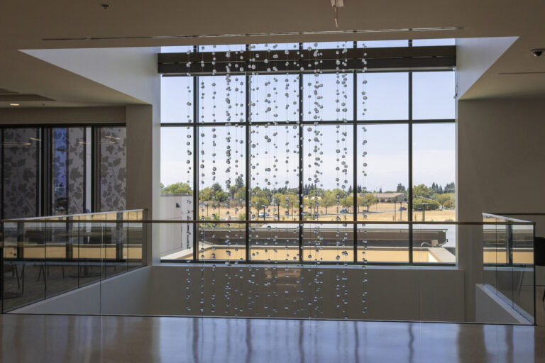 Waterfall: Ice to Clarity, Enloe Health Gonzales Comprehensive Cancer Center, Chico, CA---view from 2nd floor