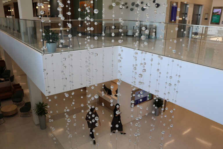 Waterfall: Ice to Clarity, Enloe Health Gonzales Comprehensive Cancer Center, Chico, CA---view from 2nd floor