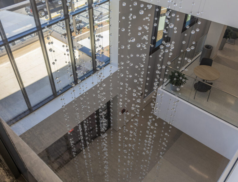 Waterfall: Ice to Clarity, Enloe Health Gonzales Comprehensive Cancer Center, Chico, CA--viewed from 3rd floor